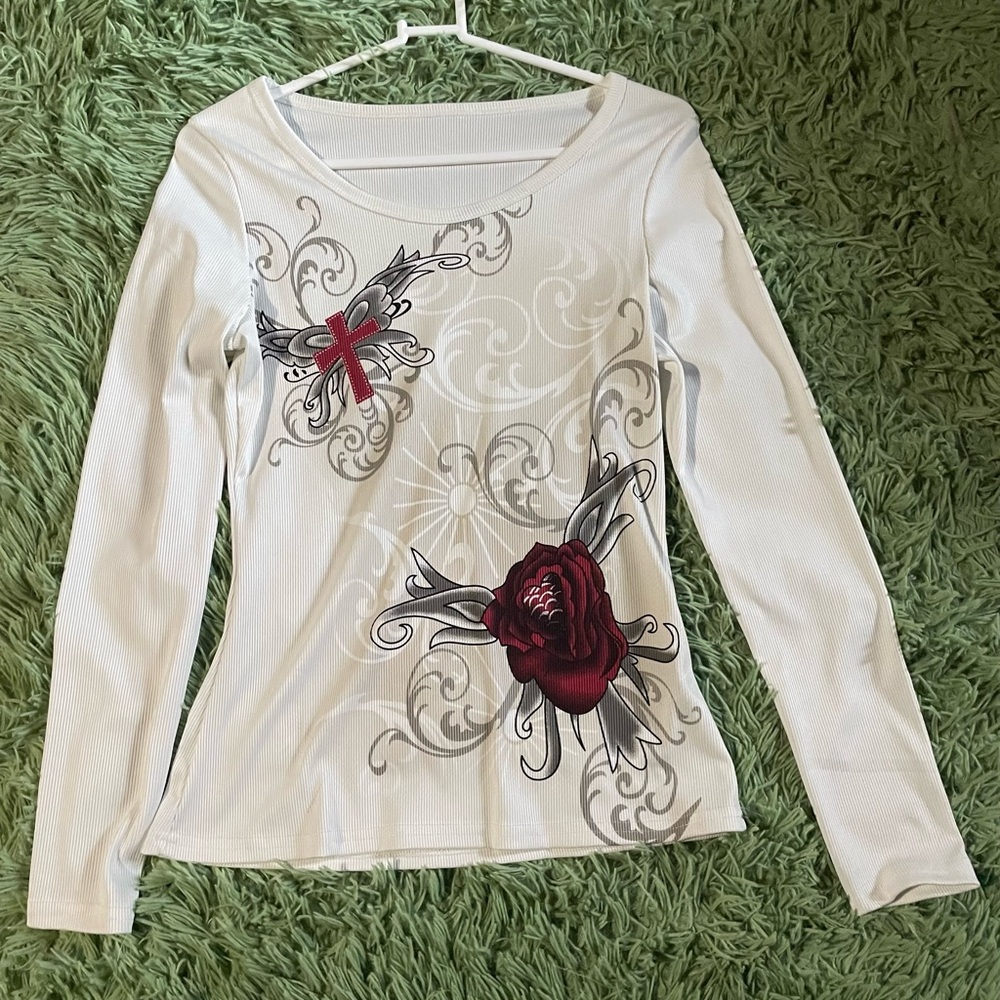 White Long Sleeve Top with Red Floral Design